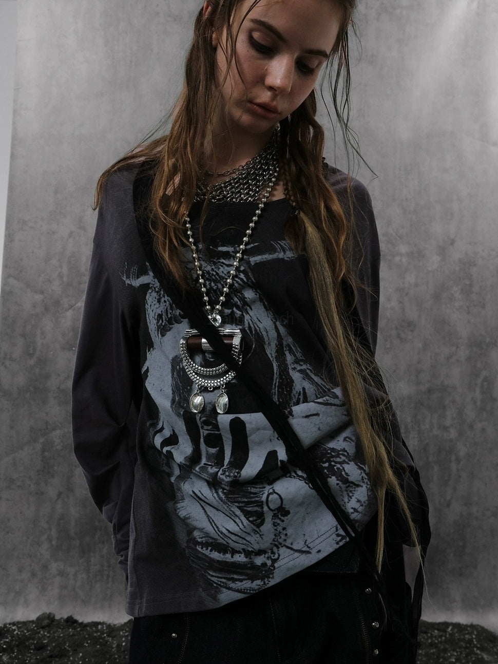 DoublePunch Lightweight Punk Loose Fit Long Sleeve Vintage Print Womens Travel T-Shirt