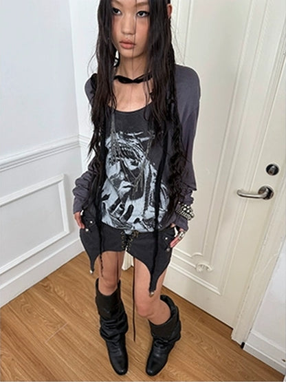 DoublePunch Lightweight Punk Loose Fit Long Sleeve Vintage Print Womens Travel T-Shirt