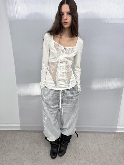 DoublePunch Mesh Lace Spliced Square Neck Women&