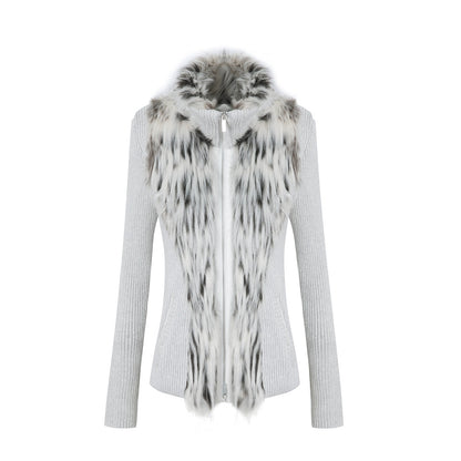 DoublePunch_Oatmeal_Gray_Fur_Patchwork_Stand_Collar_Zip_Waist_Women&