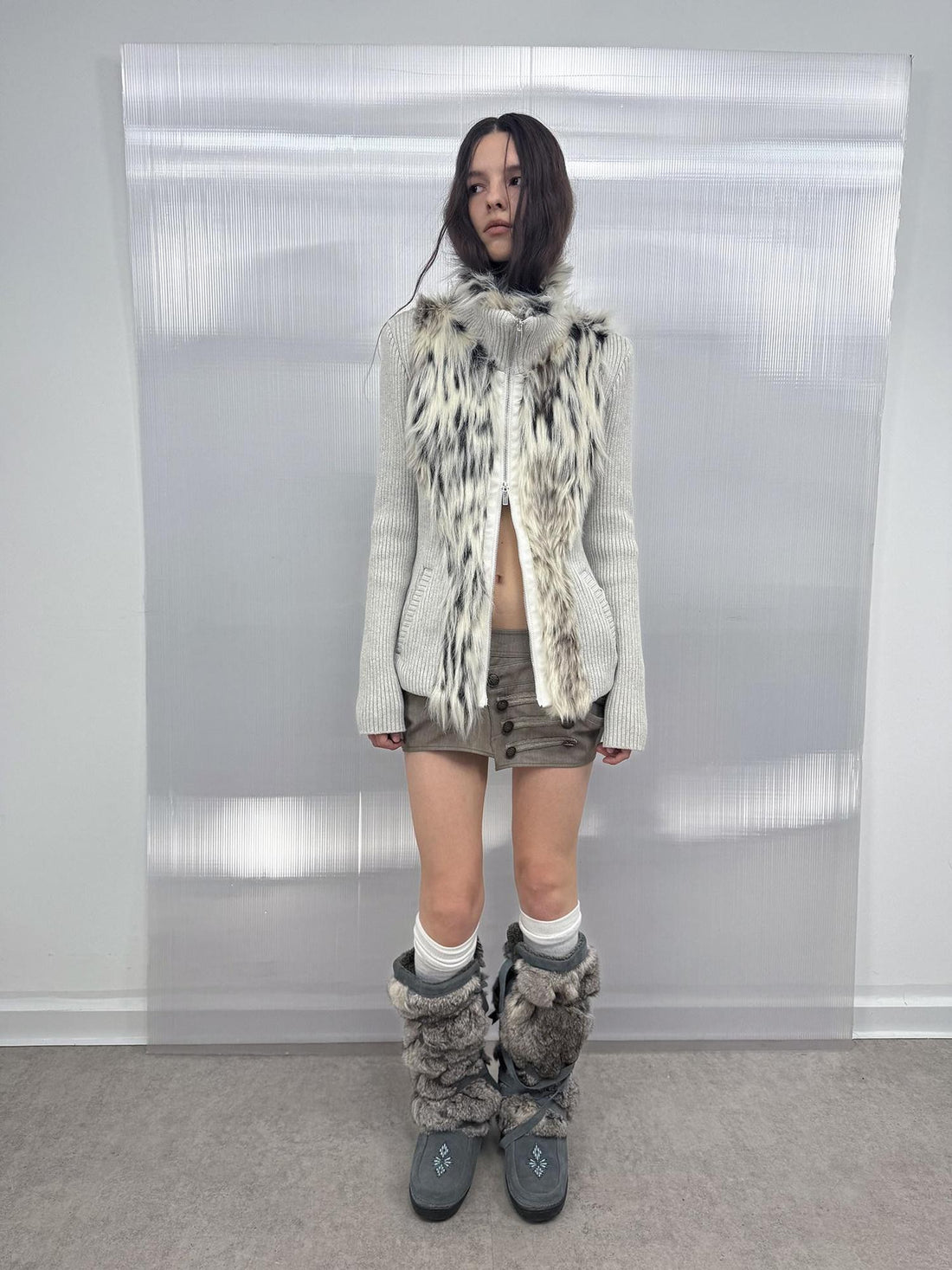 DoublePunch Oatmeal Gray Fur Patchwork Stand Collar Zip Waist Women&
