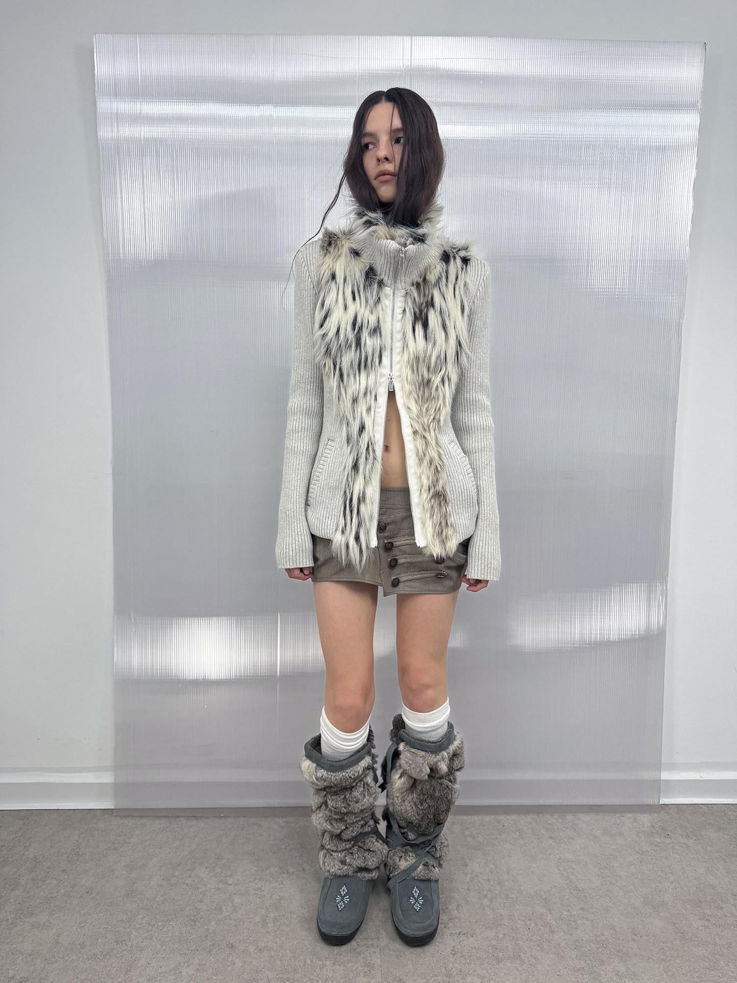 DoublePunch Oatmeal Gray Fur Patchwork Stand Collar Zip Waist Women&