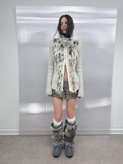 DoublePunch Oatmeal Gray Fur Patchwork Stand Collar Zip Waist Women&