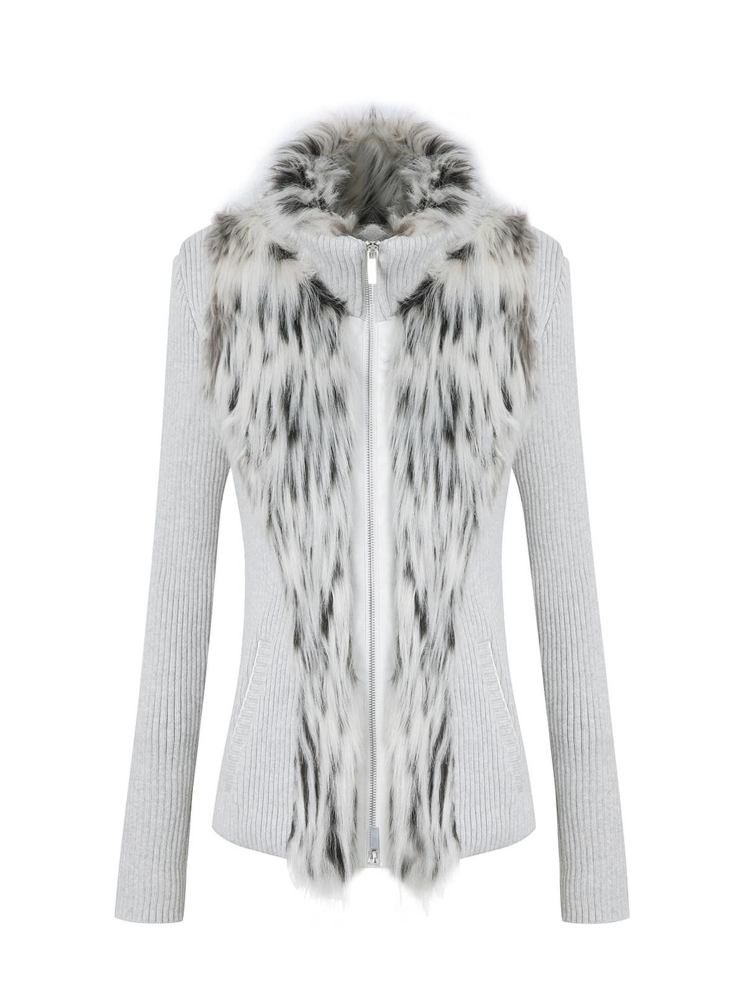 DoublePunch Oatmeal Gray Fur Patchwork Stand Collar Zip Waist Women&