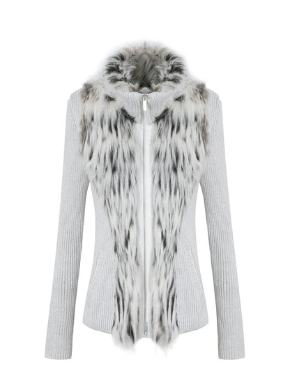 DoublePunch Oatmeal Gray Fur Patchwork Stand Collar Zip Waist Women&