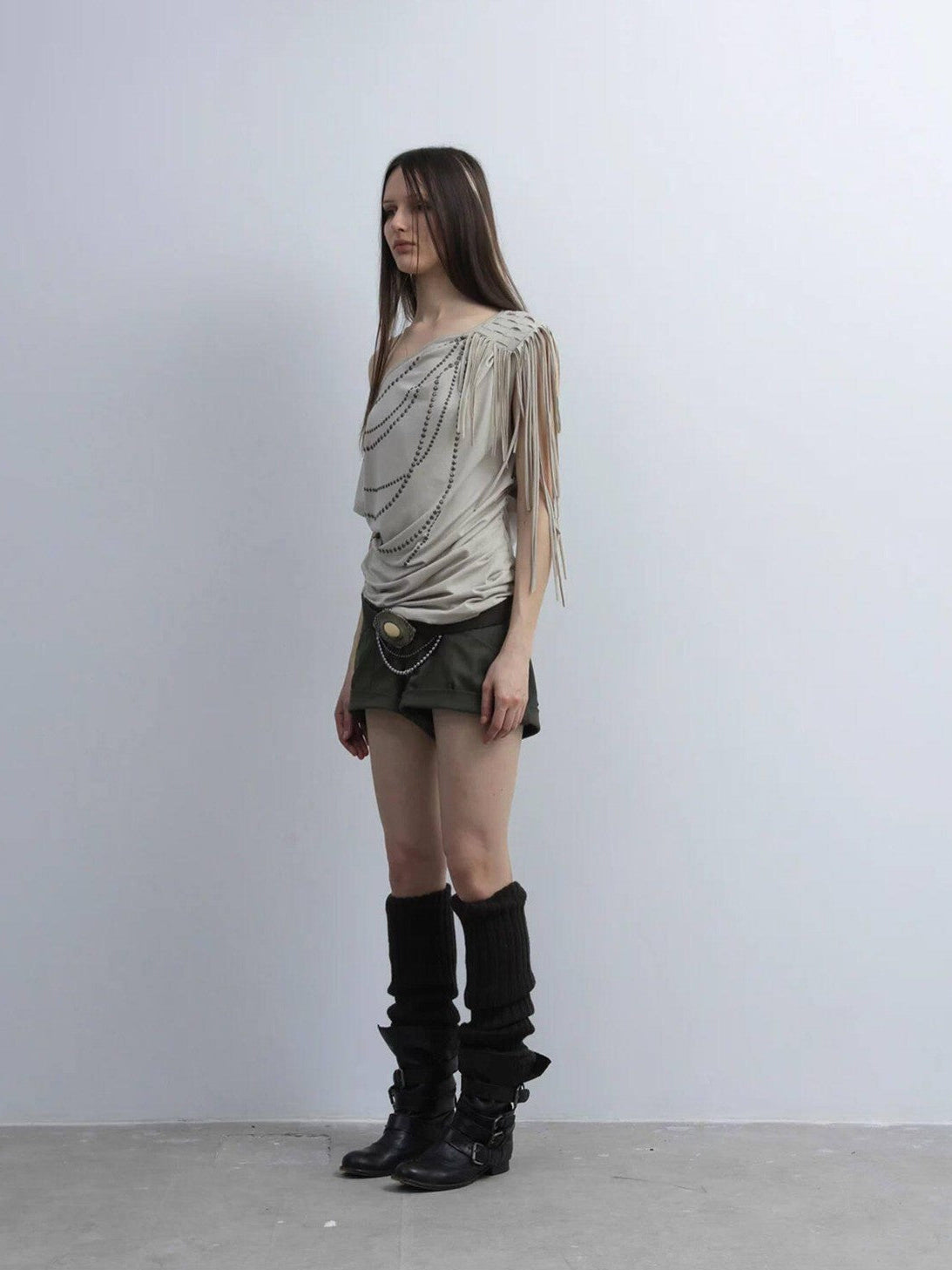 DoublePunch Off Shoulder Fringe Batwing Rhinestone Women&