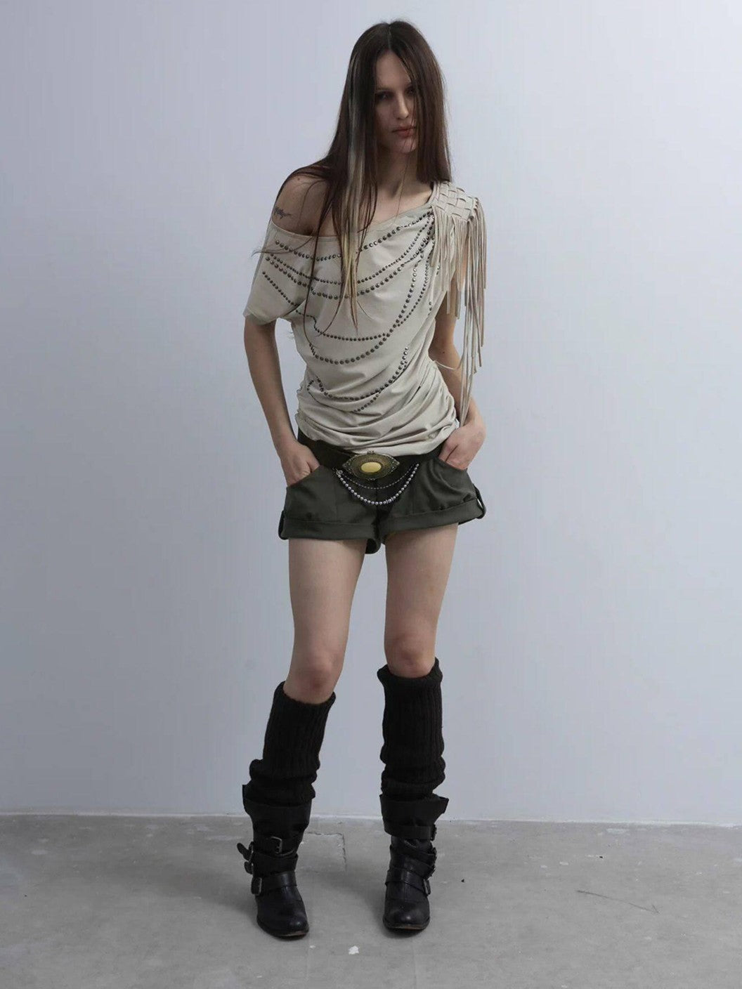 DoublePunch Off Shoulder Fringe Batwing Rhinestone Women&