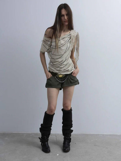 DoublePunch Off Shoulder Fringe Batwing Rhinestone Women&