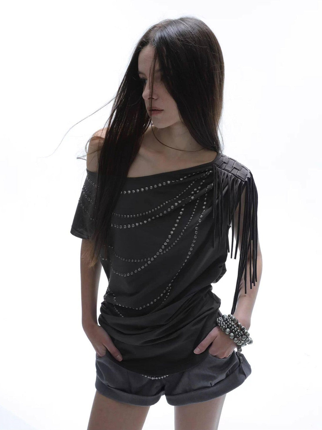 DoublePunch Off Shoulder Fringe Batwing Rhinestone Women&