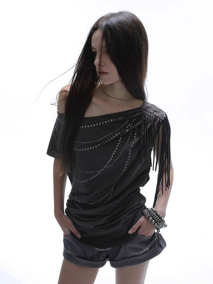 DoublePunch Off Shoulder Fringe Batwing Rhinestone Women&