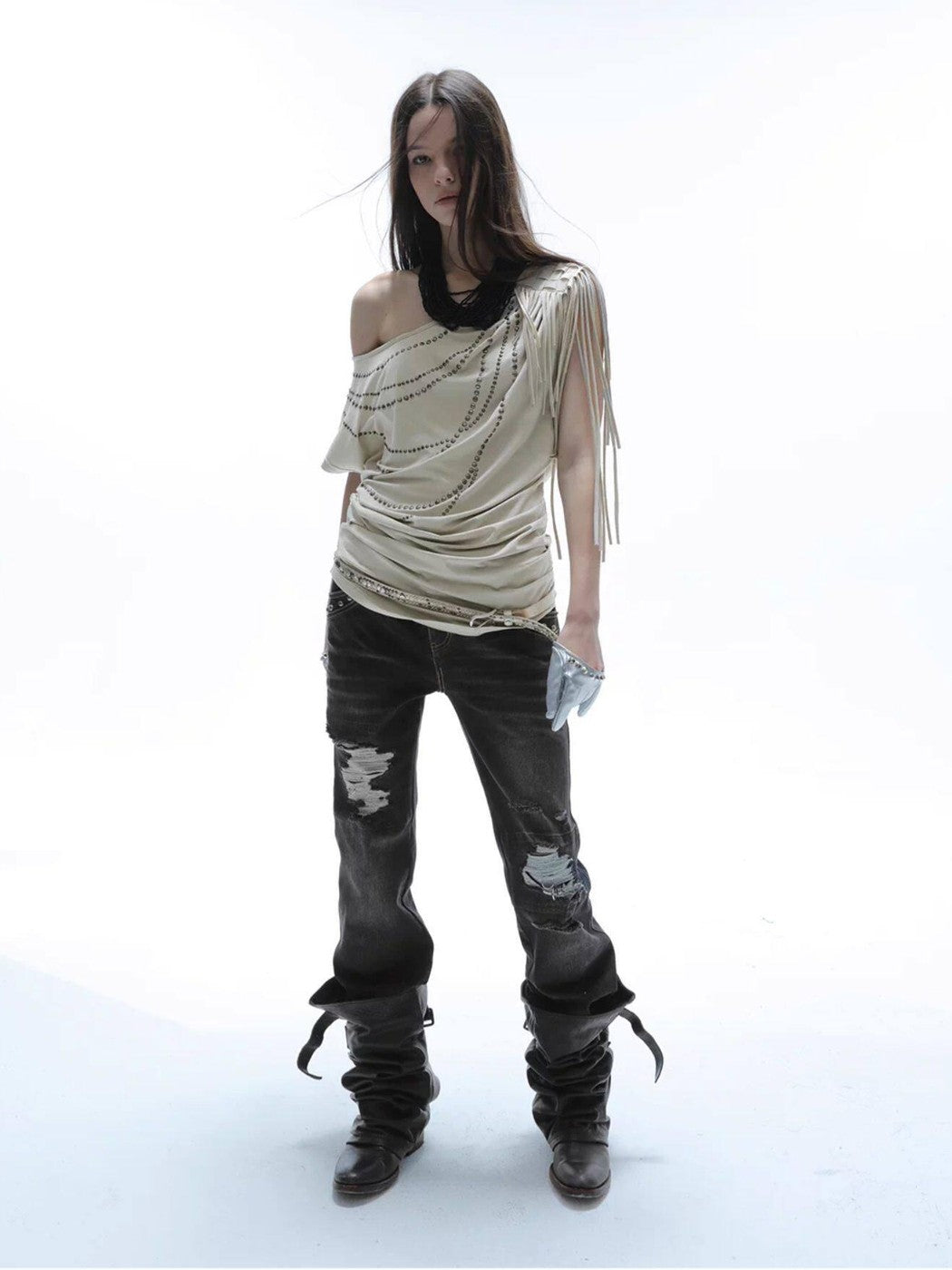 DoublePunch Off Shoulder Fringe Batwing Rhinestone Women&