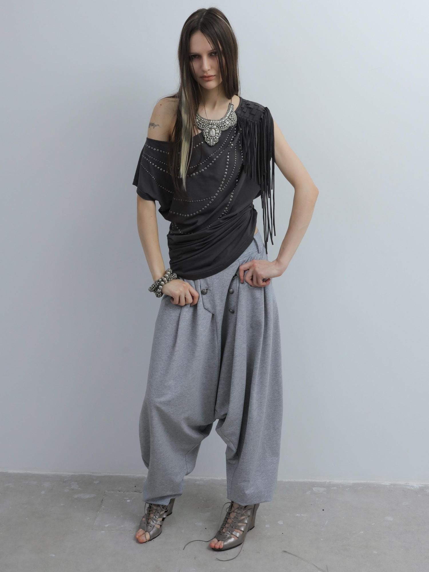 DoublePunch Off Shoulder Fringe Batwing Rhinestone Women&