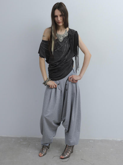 DoublePunch Off Shoulder Fringe Batwing Rhinestone Women&