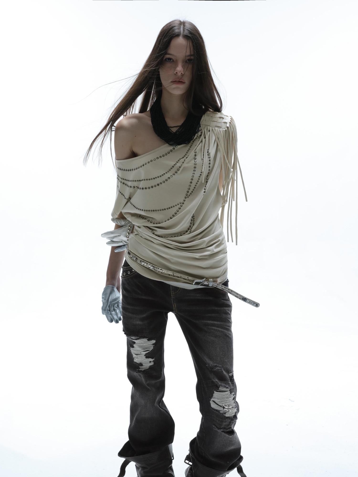 DoublePunch Off Shoulder Fringe Batwing Rhinestone Women&