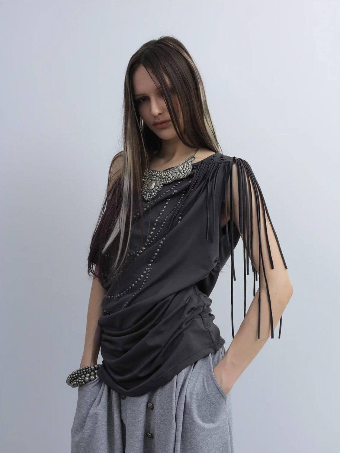 DoublePunch Off Shoulder Fringe Batwing Rhinestone Women&