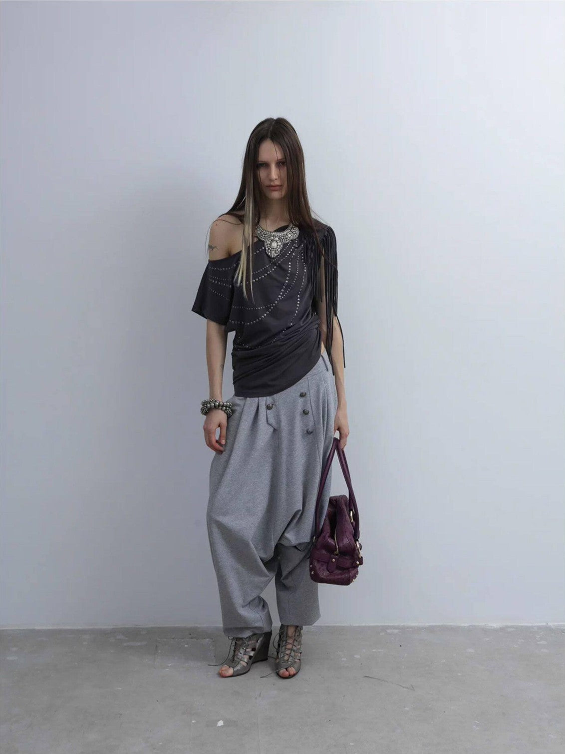 DoublePunch Off Shoulder Fringe Batwing Rhinestone Women&