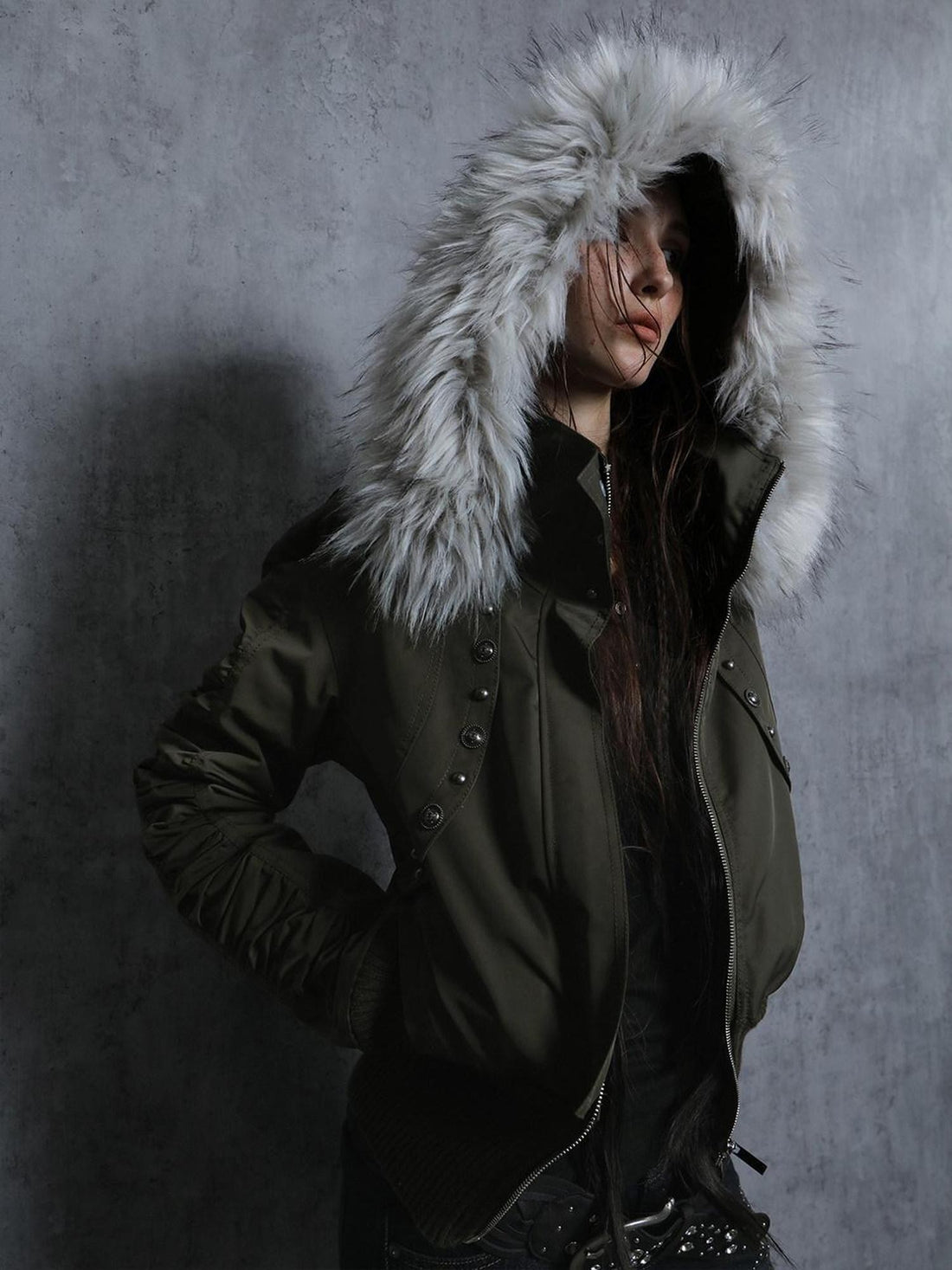 DoublePunch Olive Punk Cinched Waist Faux Fur Hooded Women&