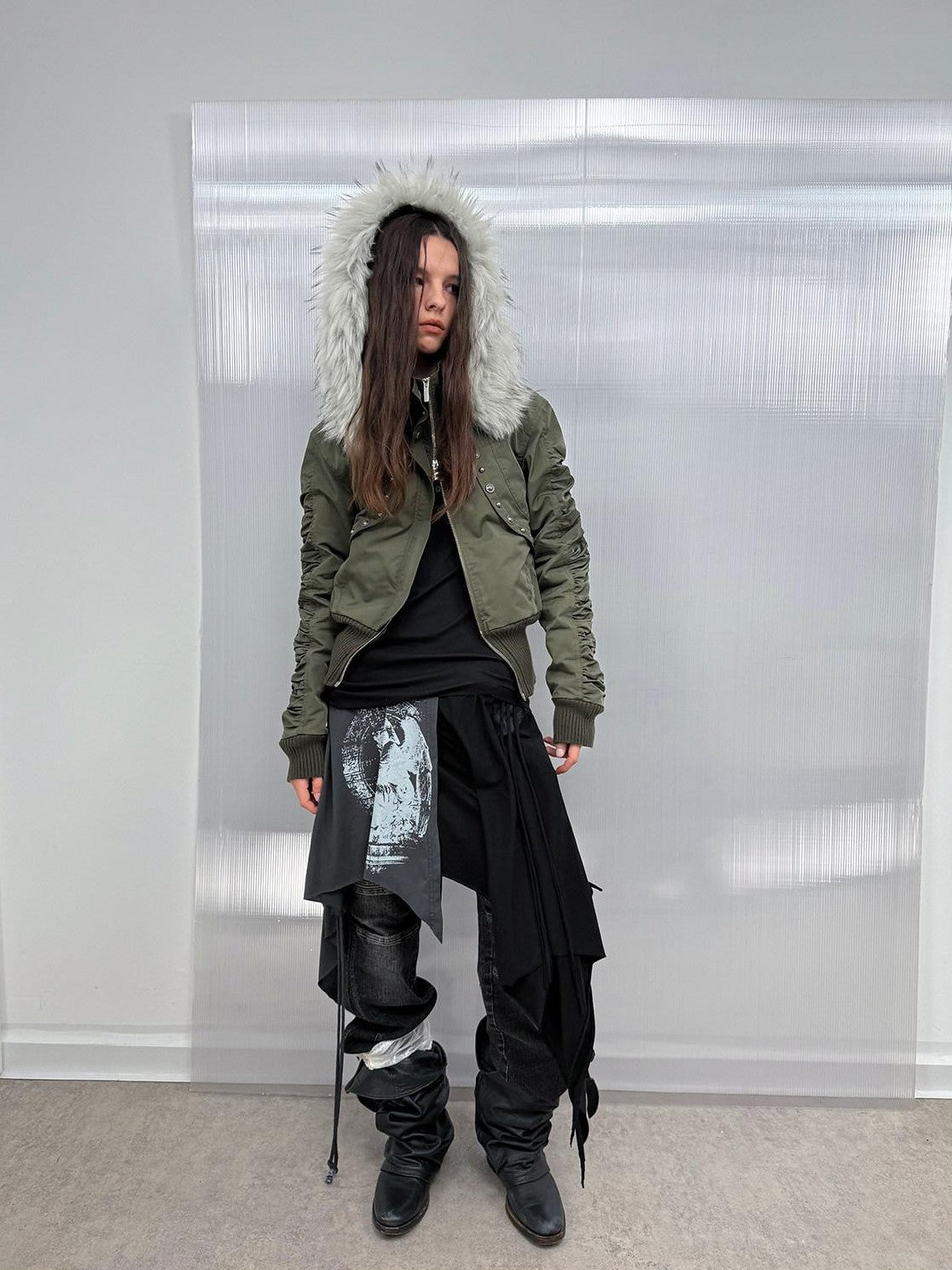 DoublePunch Olive Punk Cinched Waist Faux Fur Hooded Women&