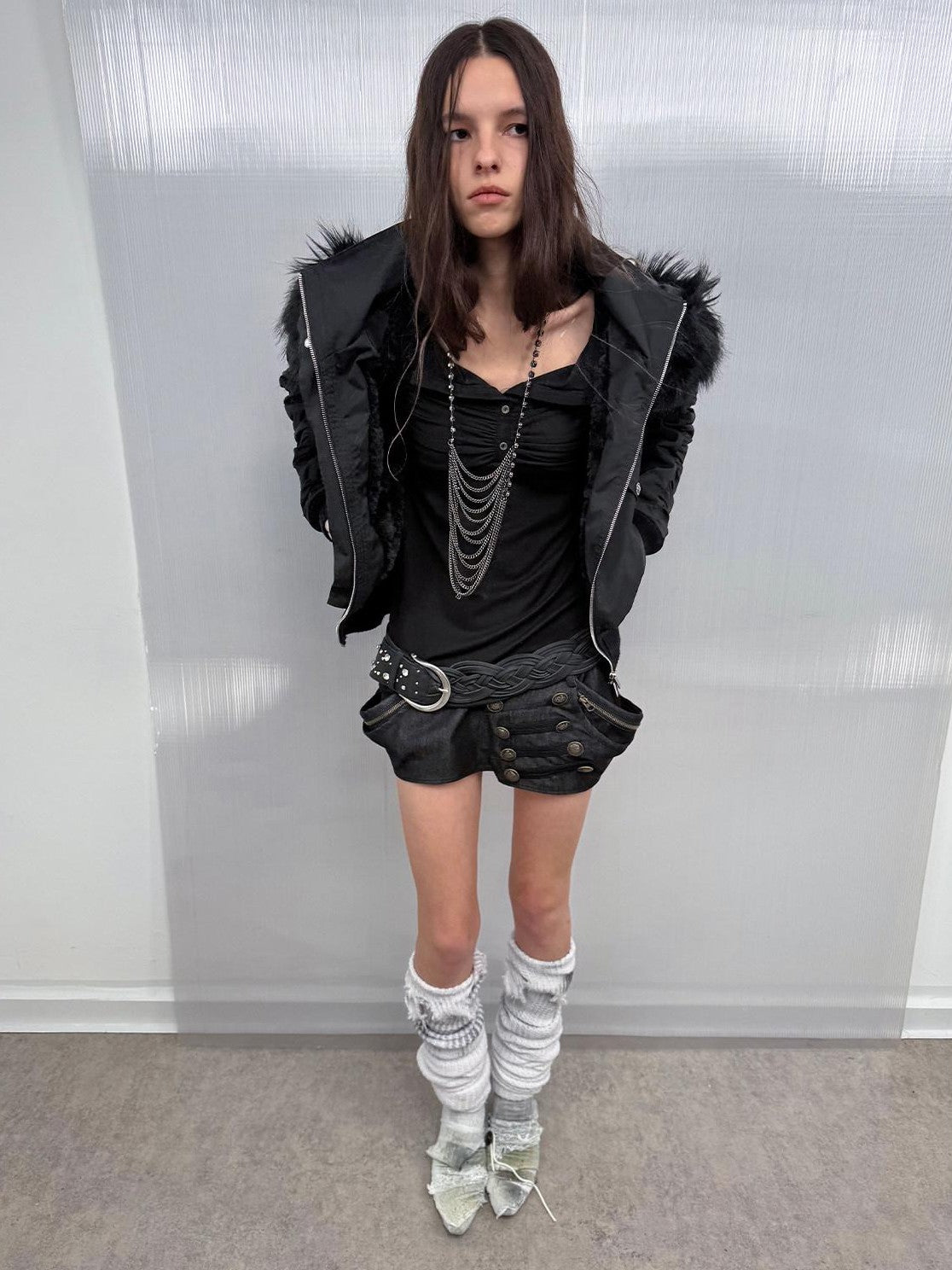 DoublePunch Olive Punk Cinched Waist Faux Fur Hooded Women&