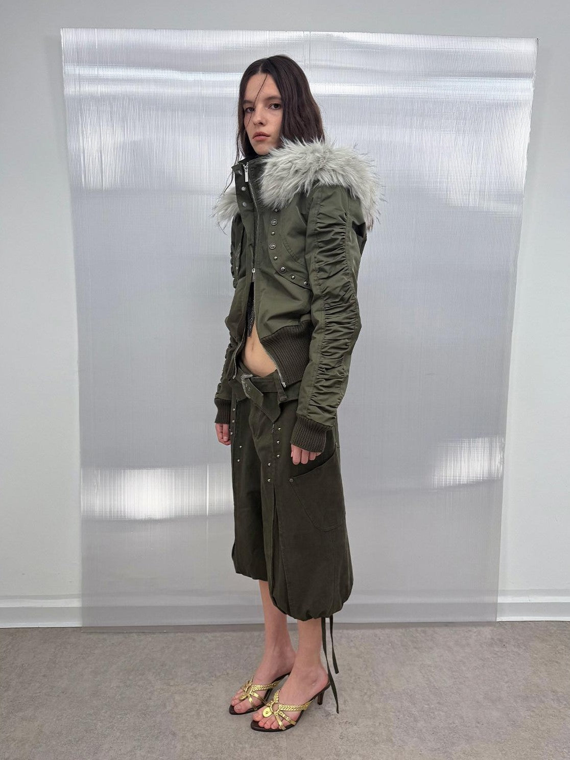 DoublePunch Olive Punk Cinched Waist Faux Fur Hooded Women&