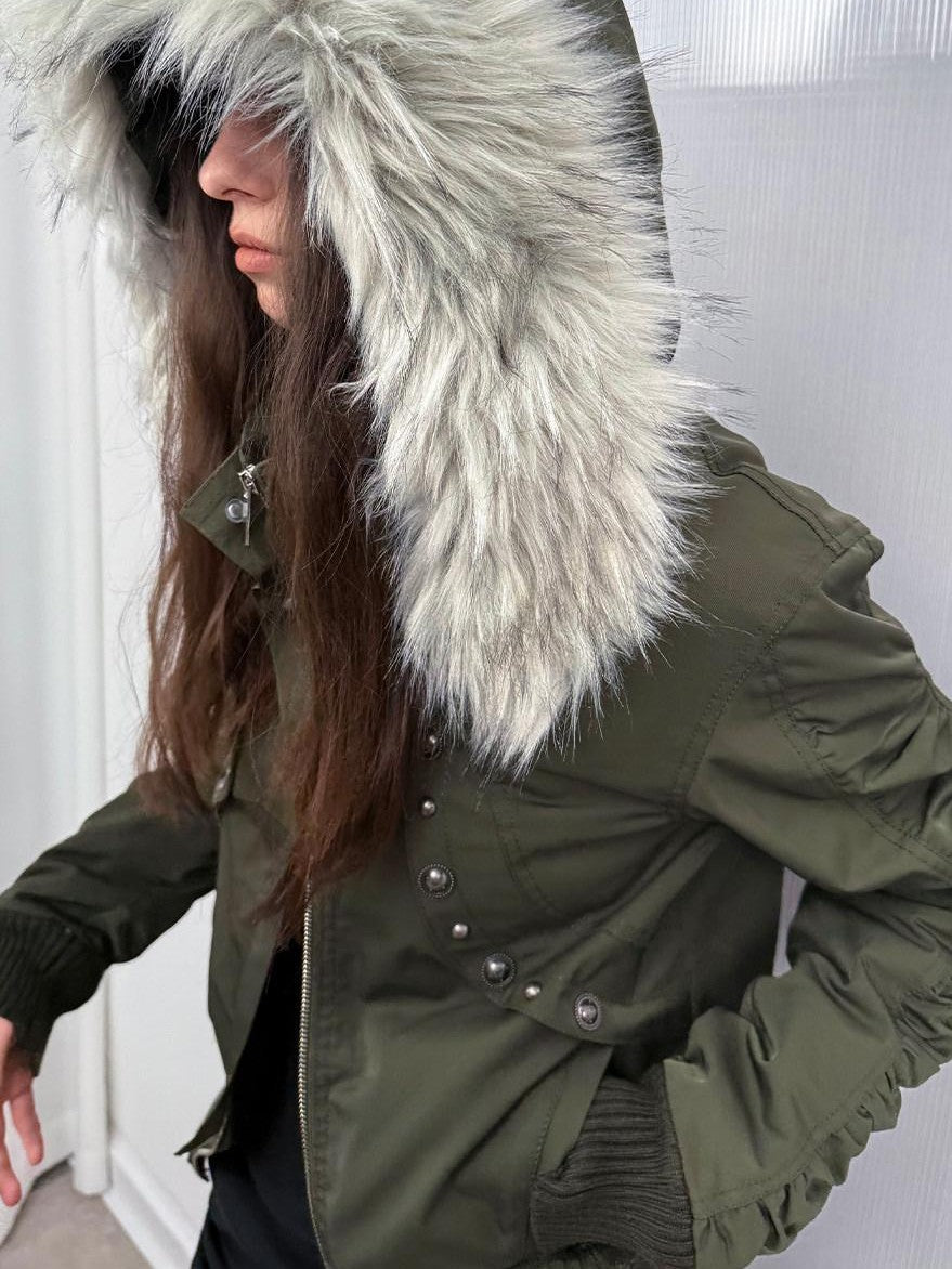 DoublePunch Olive Punk Cinched Waist Faux Fur Hooded Women&