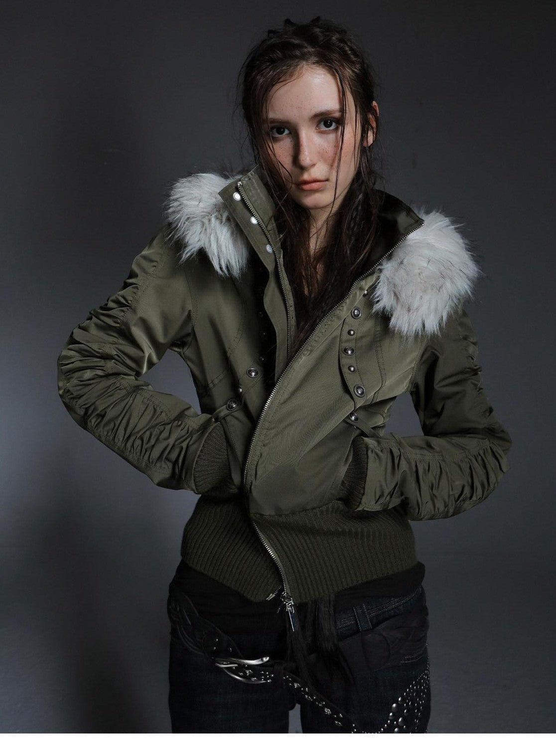 DoublePunch Olive Punk Cinched Waist Faux Fur Hooded Women&