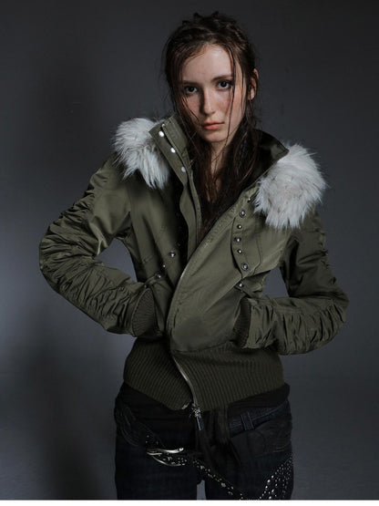 DoublePunch Olive Punk Cinched Waist Faux Fur Hooded Women&