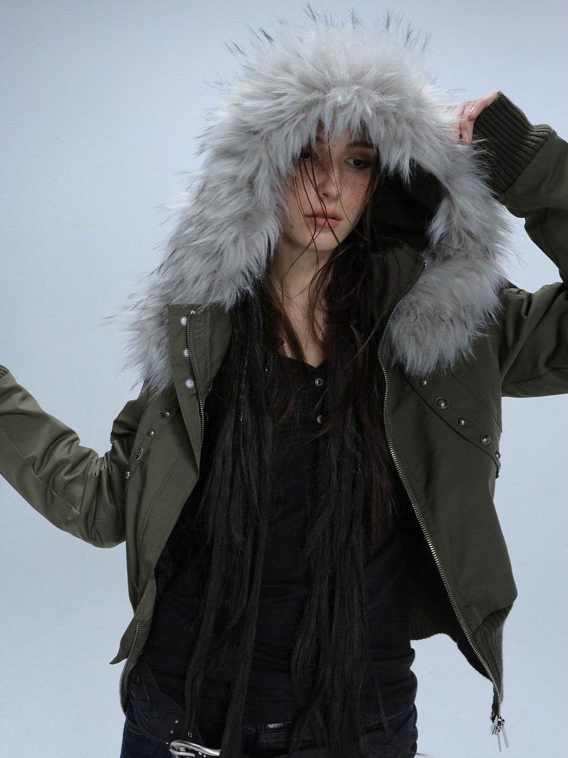 DoublePunch Olive Punk Cinched Waist Faux Fur Hooded Women&