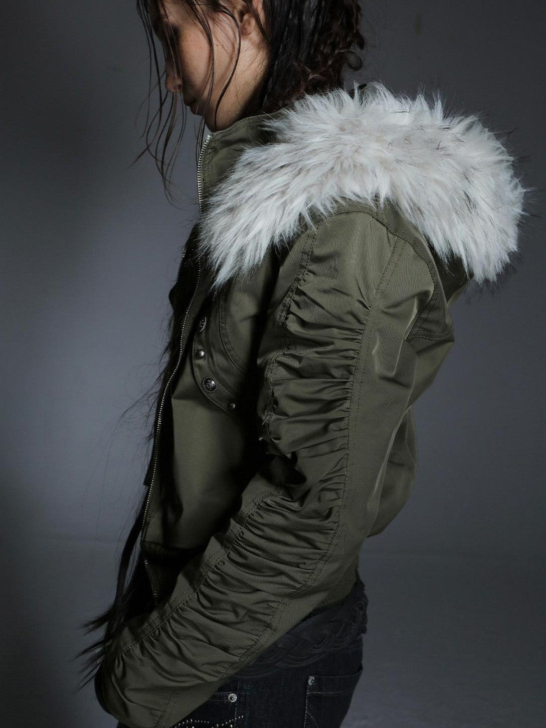 DoublePunch Olive Punk Cinched Waist Faux Fur Hooded Women&