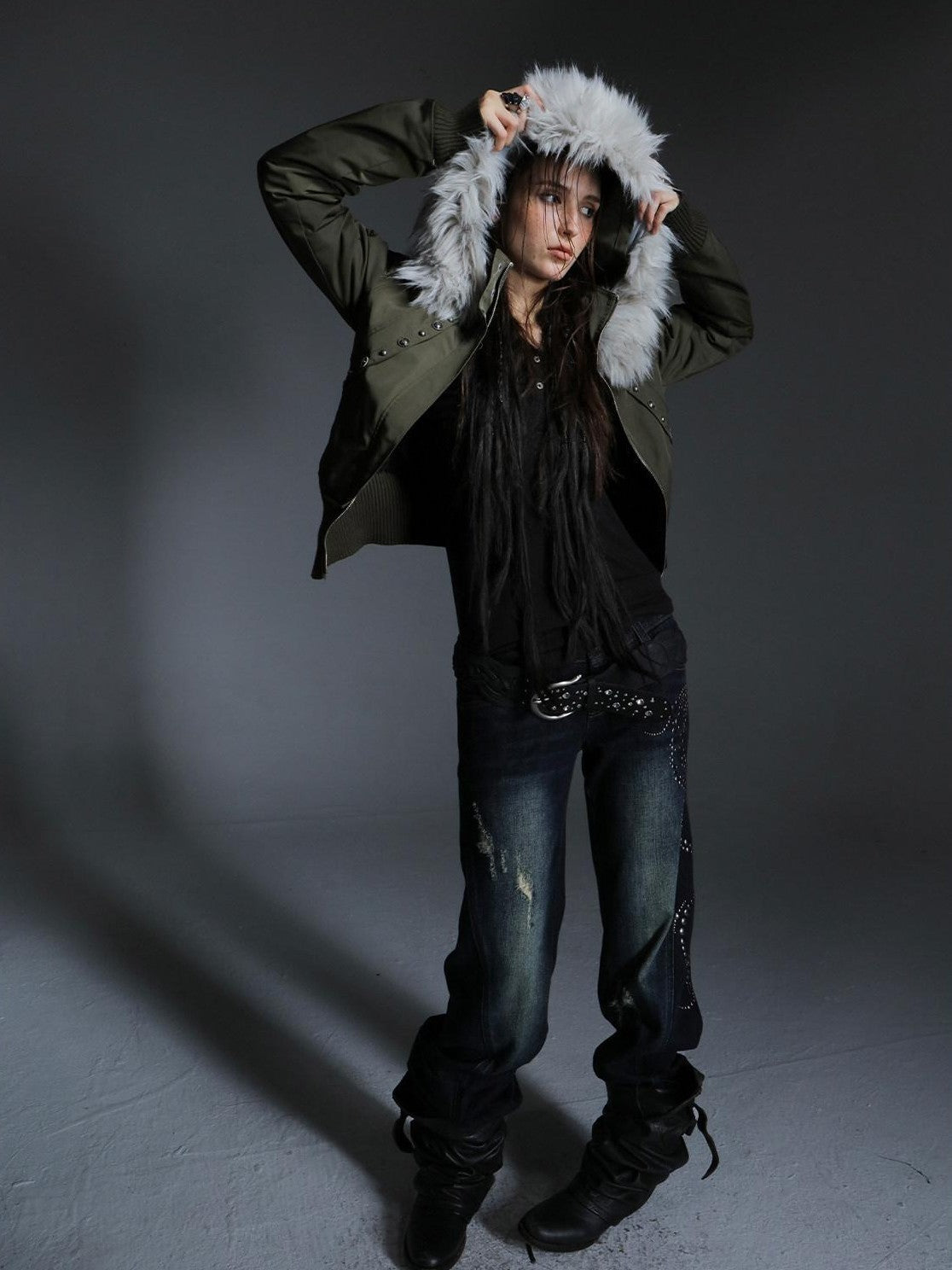 DoublePunch Olive Punk Cinched Waist Faux Fur Hooded Women&