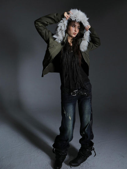 DoublePunch Olive Punk Cinched Waist Faux Fur Hooded Women&
