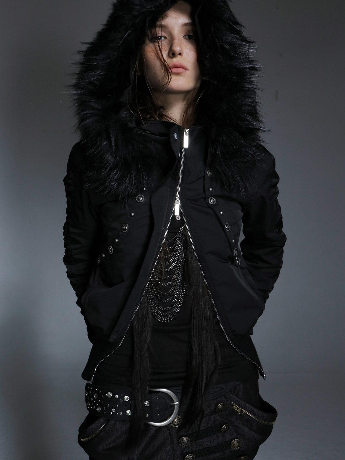 DoublePunch Olive Punk Cinched Waist Faux Fur Hooded Women&