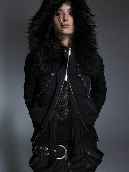 DoublePunch Olive Punk Cinched Waist Faux Fur Hooded Women&