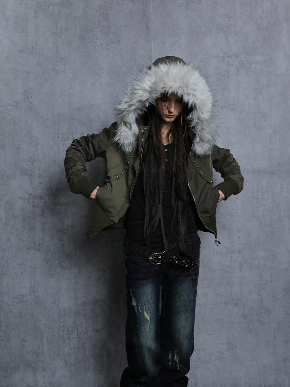 DoublePunch Olive Punk Cinched Waist Faux Fur Hooded Women&
