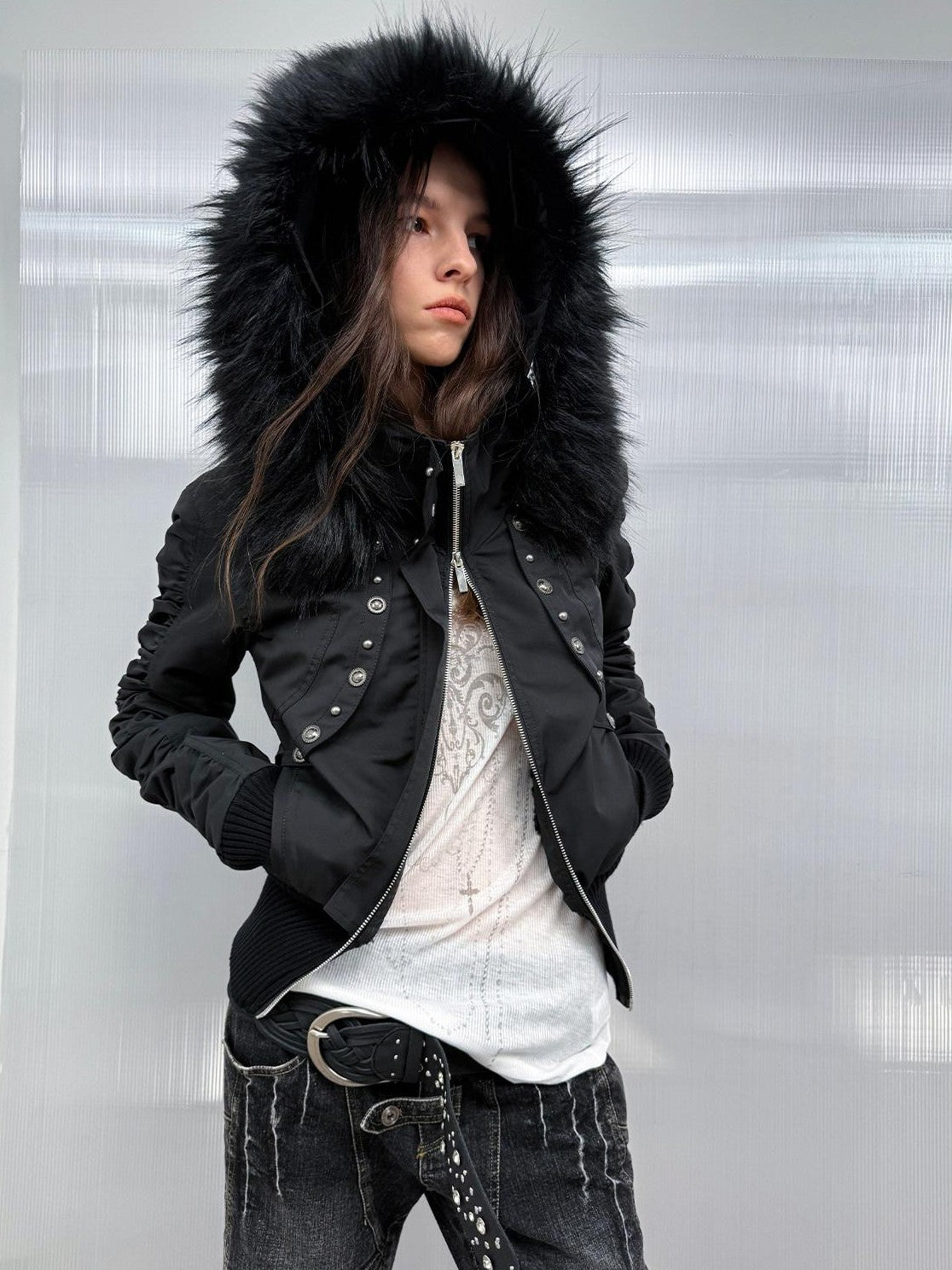 DoublePunch Olive Punk Cinched Waist Faux Fur Hooded Women&