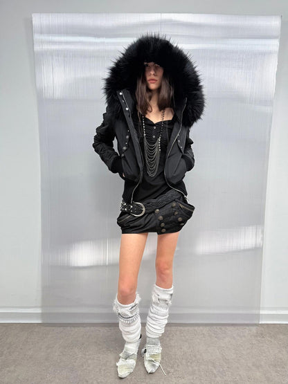 DoublePunch Olive Punk Cinched Waist Faux Fur Hooded Women&