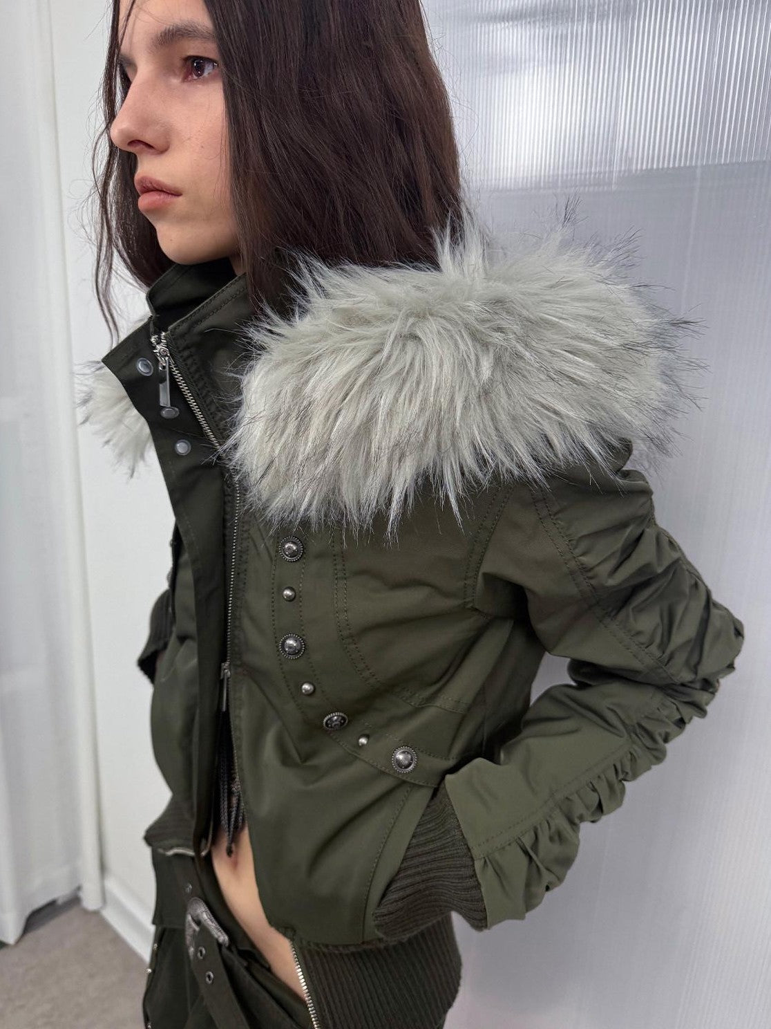 DoublePunch Olive Punk Cinched Waist Faux Fur Hooded Women&
