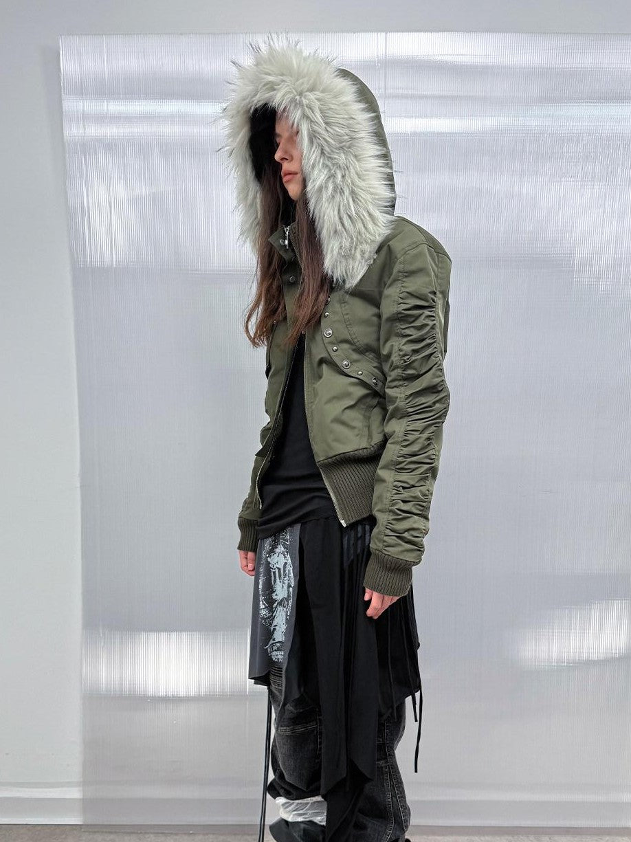 DoublePunch Olive Punk Cinched Waist Faux Fur Hooded Women&