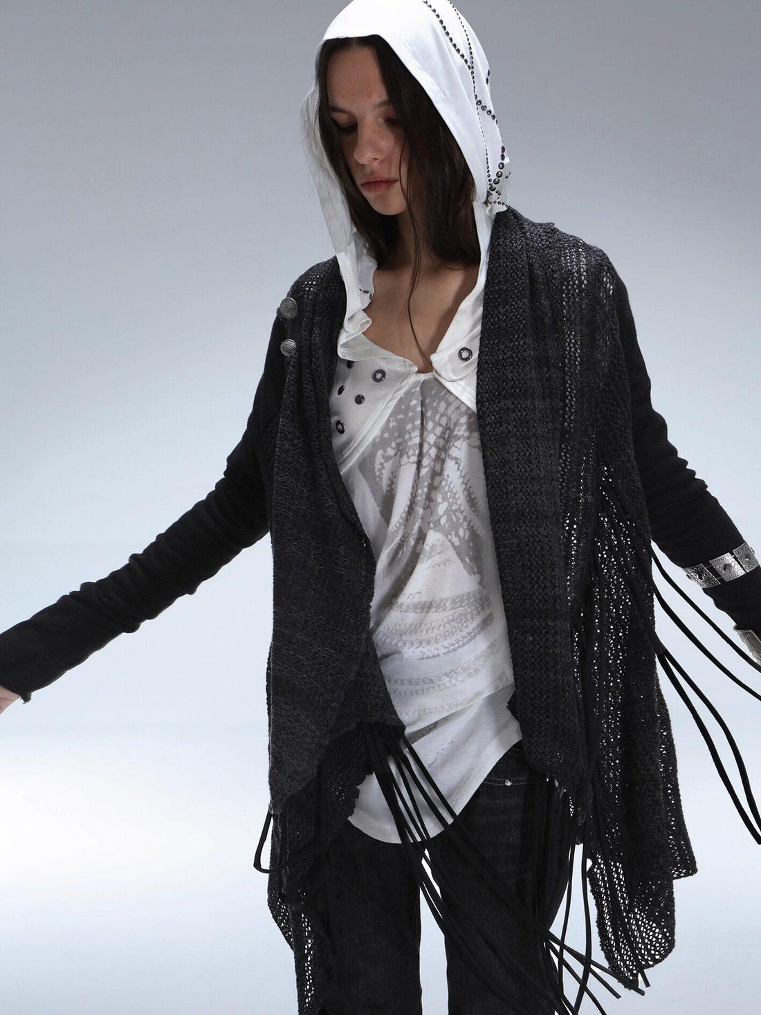 DoublePunch Openwork Knit Tassel Irregular Shawl Mid Length Women&