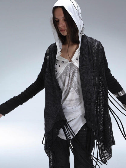 DoublePunch Openwork Knit Tassel Irregular Shawl Mid Length Women&