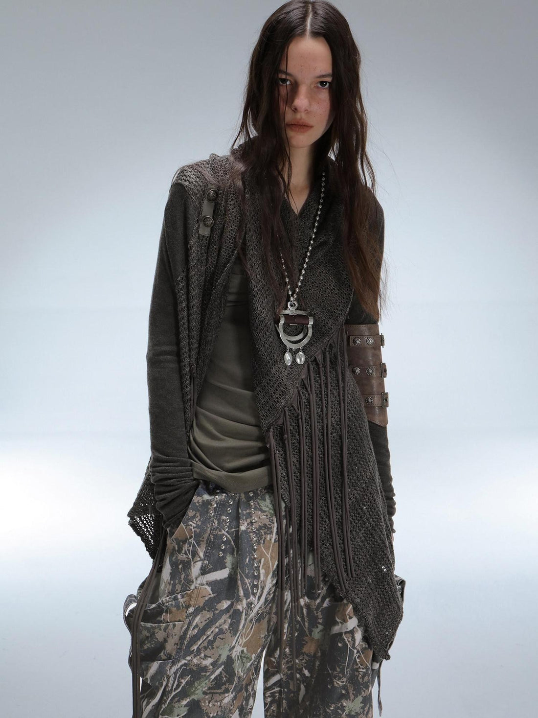 DoublePunch Openwork Knit Tassel Irregular Shawl Mid Length Women&