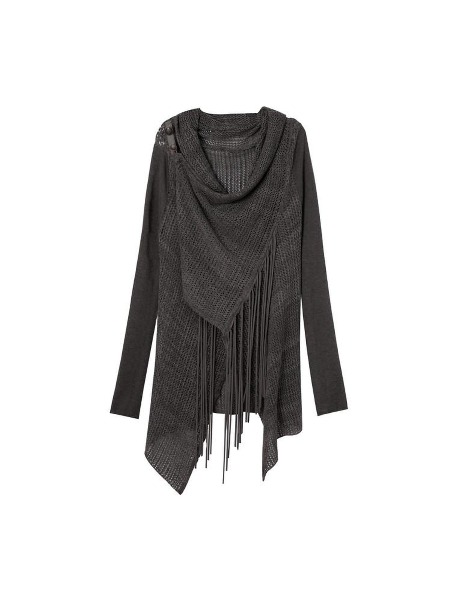 DoublePunch Openwork Knit Tassel Irregular Shawl Mid Length Women&