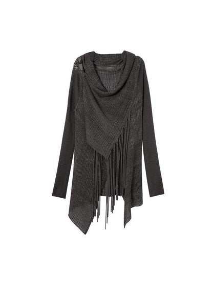 DoublePunch Openwork Knit Tassel Irregular Shawl Mid Length Women&