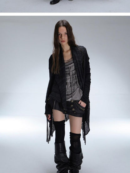 DoublePunch Openwork Knit Tassel Irregular Shawl Mid Length Women&
