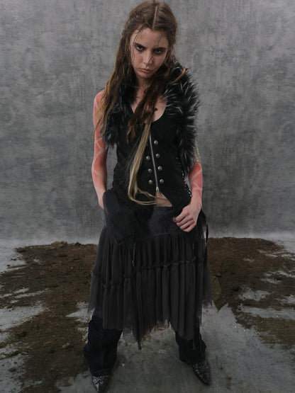 DoublePunch Original Patchwork Double Breasted V Neck Fitted Waist Women Vest