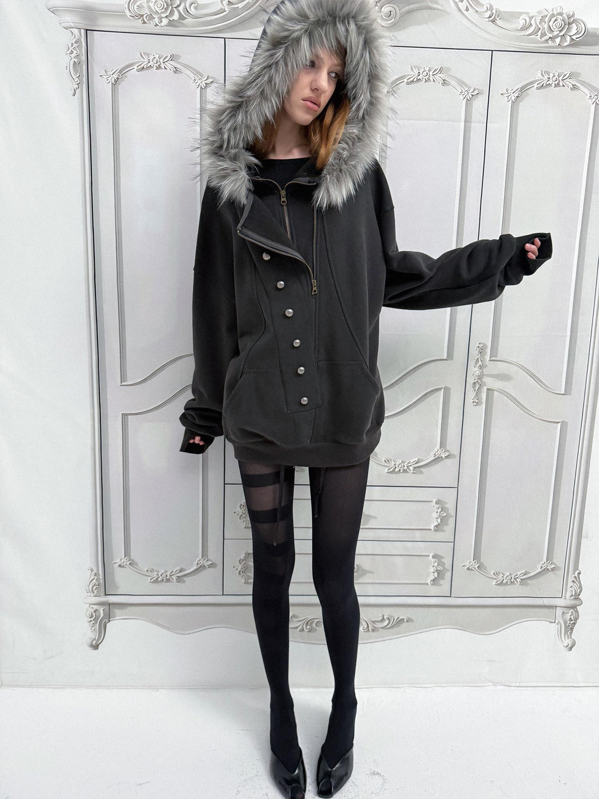 DoublePunch Oversized Fleece Lined Half Zip Cotton Women&