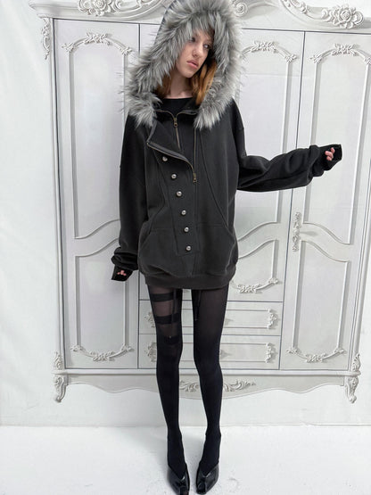 DoublePunch Oversized Fleece Lined Half Zip Cotton Women&
