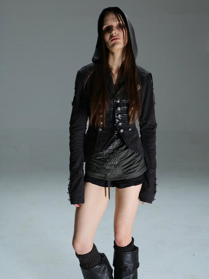 DoublePunch Patch Leather Double Breasted Small Lapel Women&