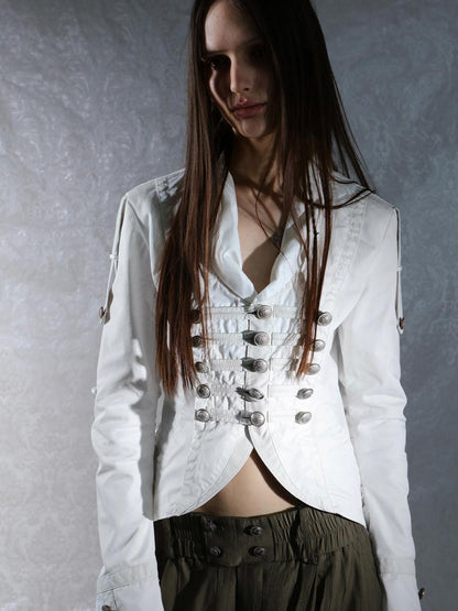 DoublePunch Patch Leather Double Breasted Small Lapel Women&