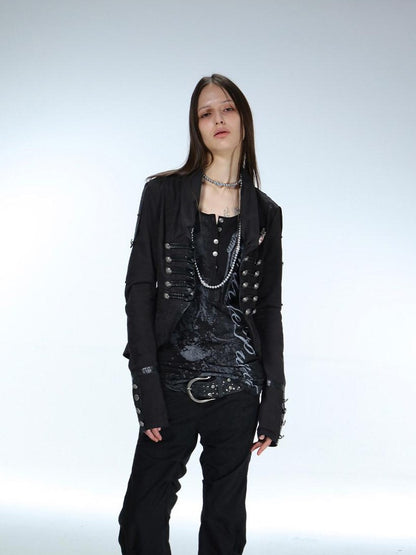 DoublePunch Patch Leather Double Breasted Small Lapel Women&